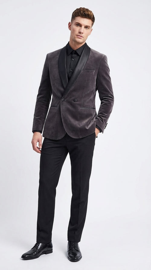 Mens Charcoal Gray Velvet Tuxedo Suit – Luxury Formal Wedding Suit with Black Shawl Lapel for Prom, Party Black Pants