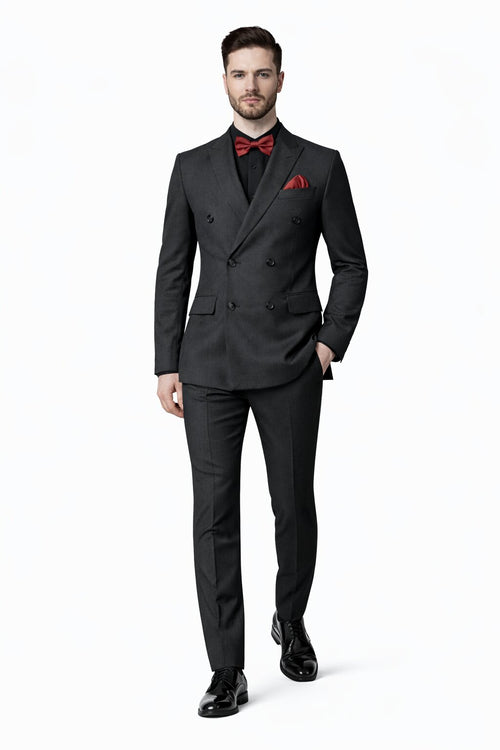 Ultra Slim Fit Double Breasted Charcoal Suit - Narrow Leg Pants - Gucci Cut - Tapered Jacket