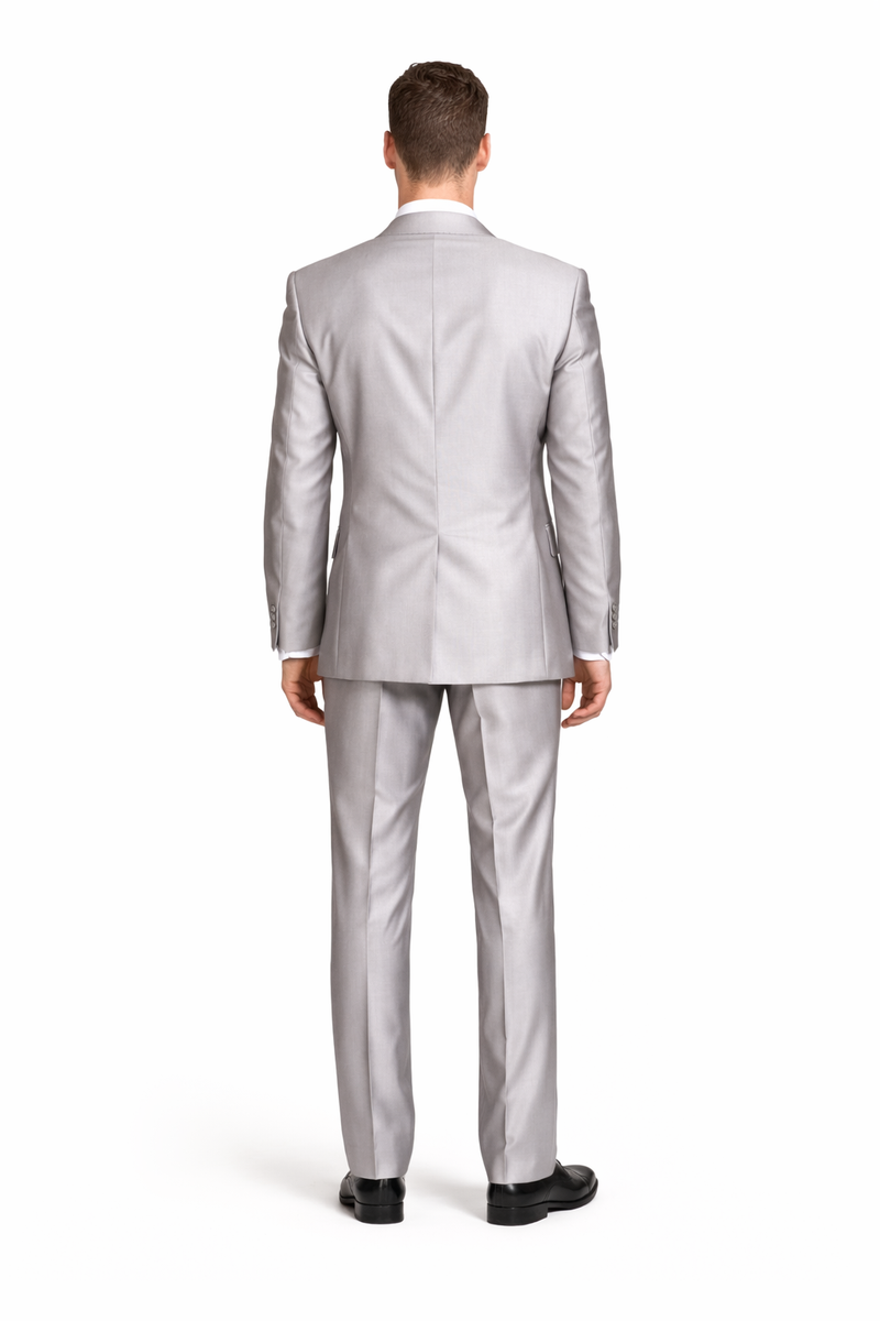 Mens Cheap Grey Suit Mens 2 Button Peak Lapel Shiny Sharkskin Suit in Silver Grey