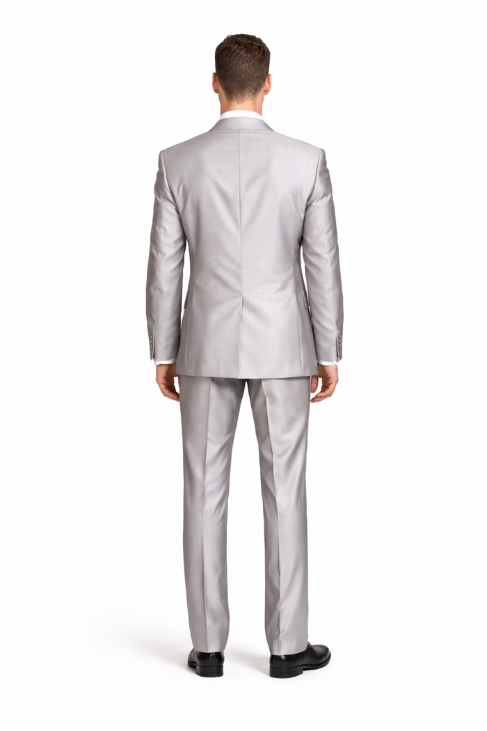 Mens Cheap Grey Suit Mens 2 Button Peak Lapel Shiny Sharkskin Suit in Silver Grey