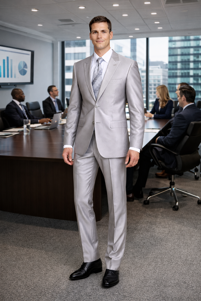Mens Cheap Grey Suit Mens 2 Button Peak Lapel Shiny Sharkskin Suit in Silver Grey