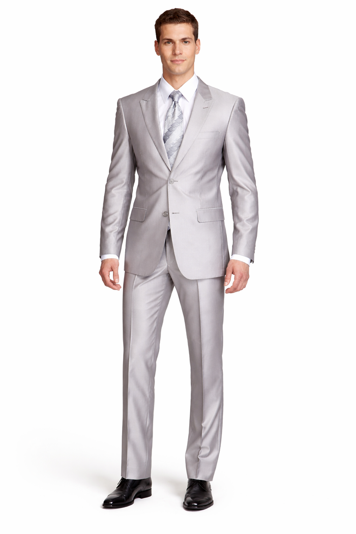 Mens Cheap Grey Suit Mens 2 Button Peak Lapel Shiny Sharkskin Suit in Silver Grey