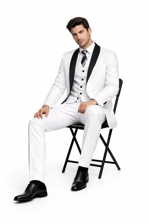 Mens Cheap White Suit 2 Button Sharkskin Tuxedo with Satin Shawl in White