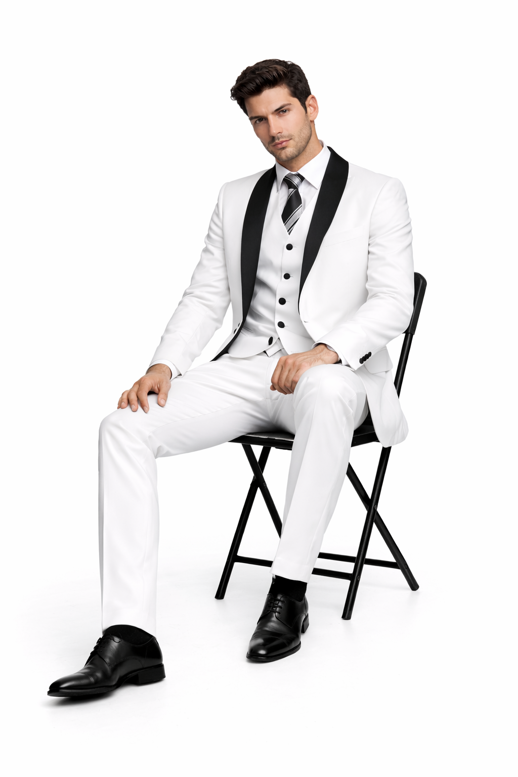 Mens Cheap White Suit 2 Button Sharkskin Tuxedo with Satin Shawl in White