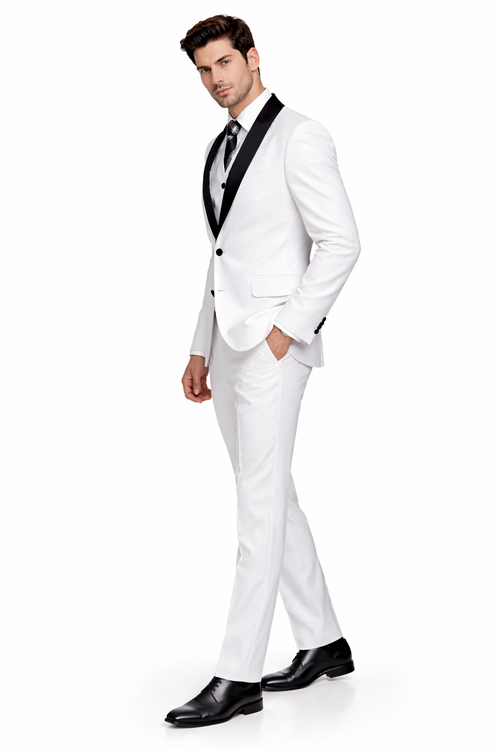Mens Cheap White Suit 2 Button Sharkskin Tuxedo with Satin Shawl in White