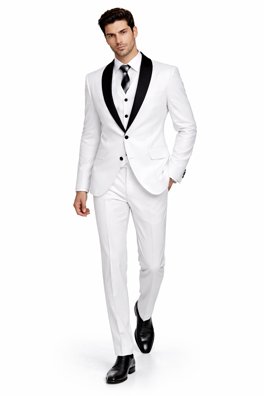 Mens Cheap White Suit 2 Button Sharkskin Tuxedo with Satin Shawl in White