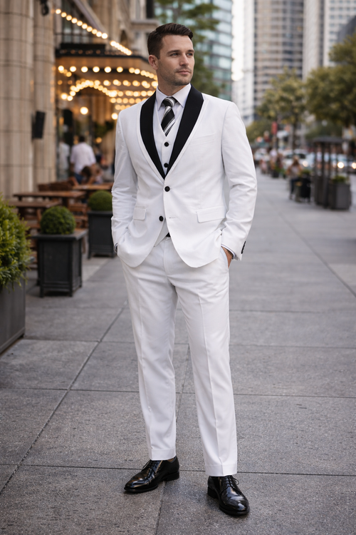 Mens Cheap White Suit 2 Button Sharkskin Tuxedo with Satin Shawl in White
