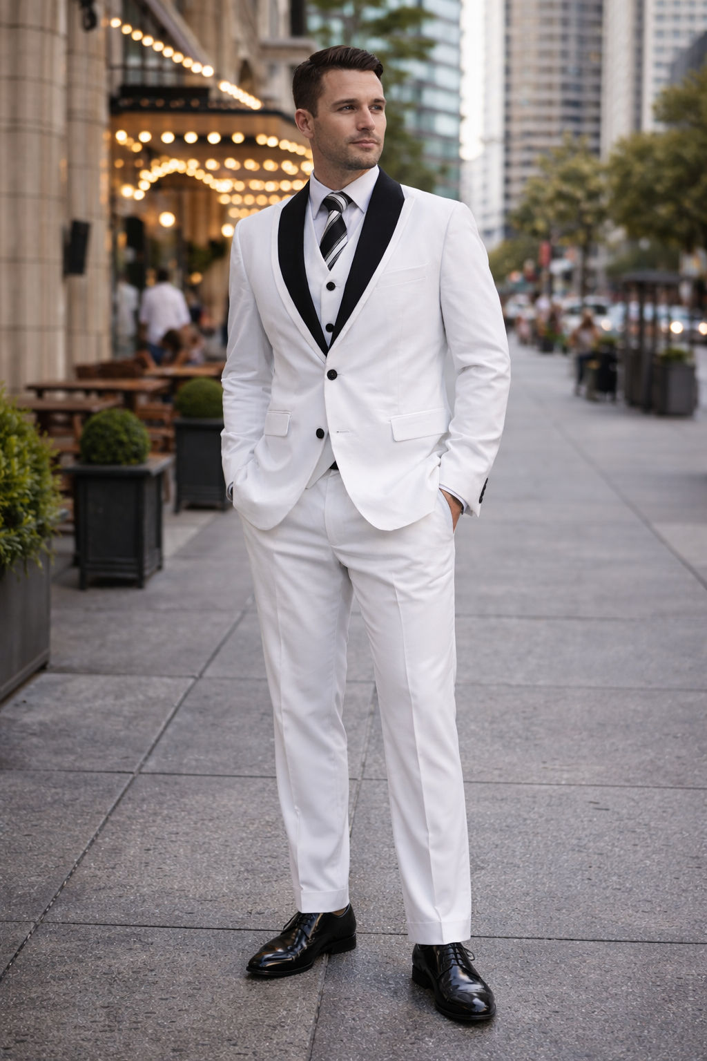 Mens Cheap White Suit 2 Button Sharkskin Tuxedo with Satin Shawl in White
