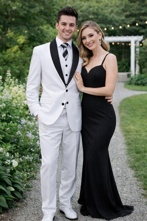 Mens Cheap White Suit 2 Button Sharkskin Tuxedo with Satin Shawl in White