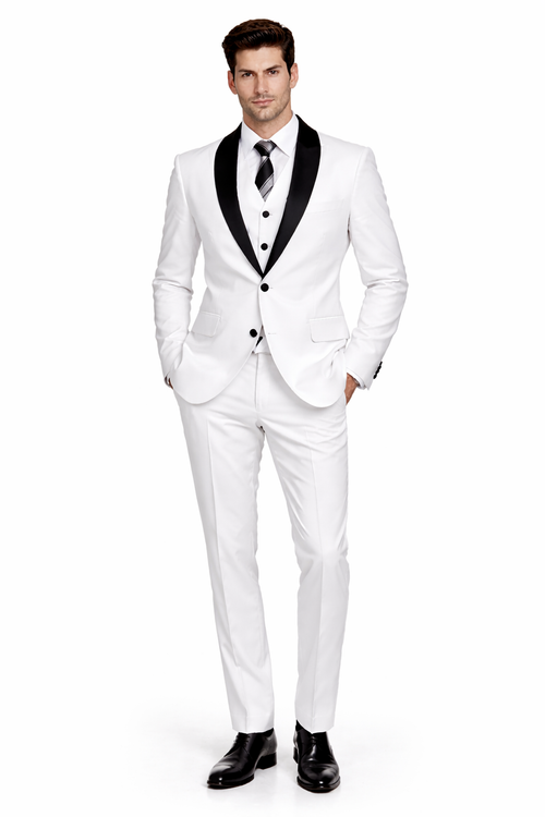 Mens Cheap White Suit 2 Button Sharkskin Tuxedo with Satin Shawl in White
