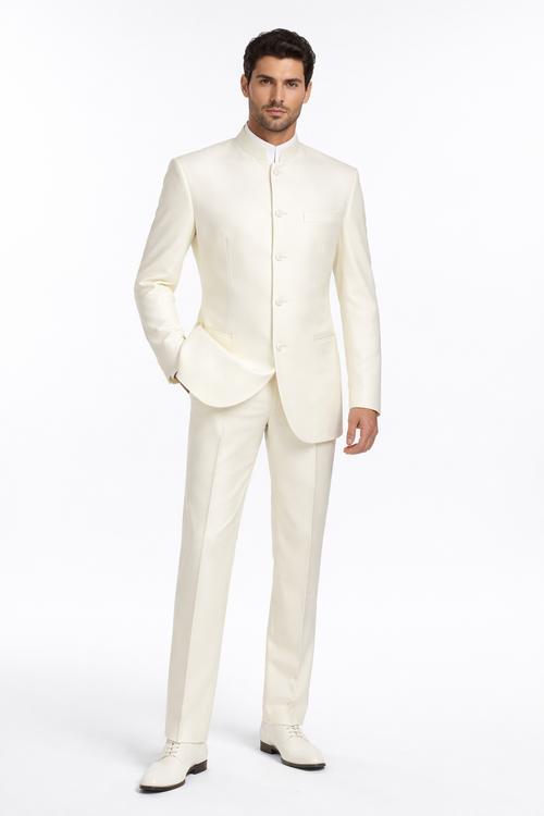 Mens Cheap White Suit 5 Button Mandarin Collar Tuxedo Suit in Ivory
