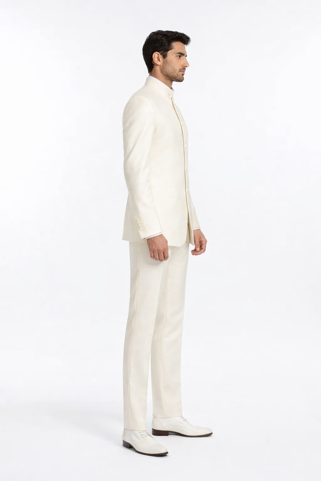 Mens Cheap White Suit 5 Button Mandarin Collar Tuxedo Suit in Ivory