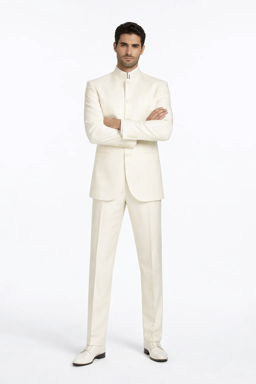 Mens Cheap White Suit 5 Button Mandarin Collar Tuxedo Suit in Ivory