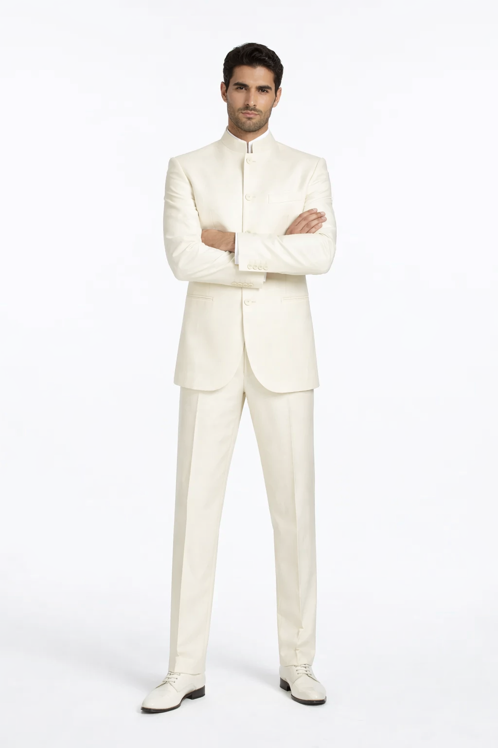 Mens Cheap White Suit 5 Button Mandarin Collar Tuxedo Suit in Ivory