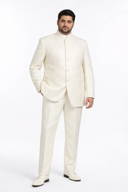 Mens Cheap White Suit 5 Button Mandarin Collar Tuxedo Suit in Ivory