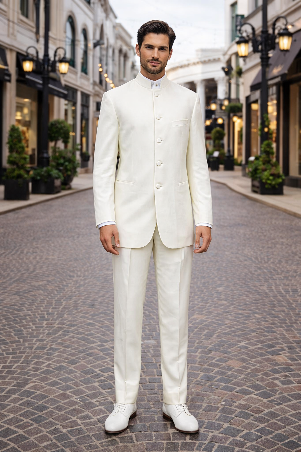 Mens Cheap White Suit 5 Button Mandarin Collar Tuxedo Suit in Ivory