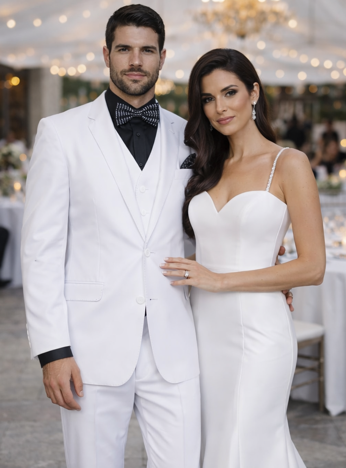 Mens Cheap White Suit  Classic Fit Pleated Pant 2 Button Wool Suit in White