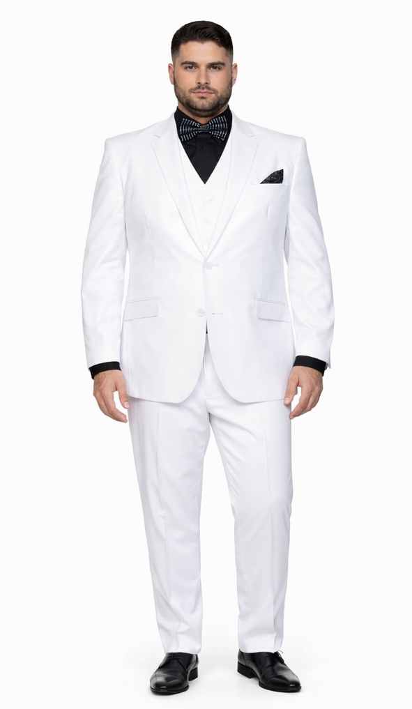 Mens Cheap White Suit  Classic Fit Pleated Pant 2 Button Wool Suit in White