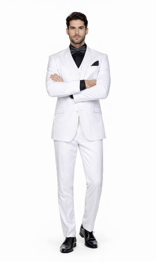 Mens Cheap White Suit  Classic Fit Pleated Pant 2 Button Wool Suit in White