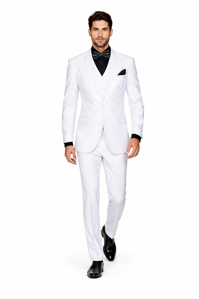 Mens Cheap White Suit  Classic Fit Pleated Pant 2 Button Wool Suit in White