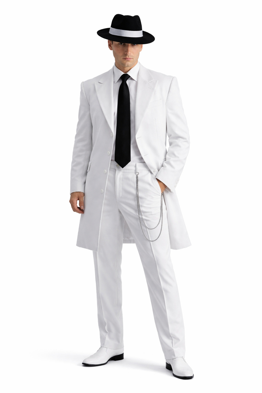 Mens Cheap White Suit Long Tuxedo Zoot Suit in White