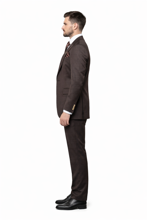 Mens Chocolate Brown Textured 3-Piece Suit Luxury Double-Breasted Vest Formal Set