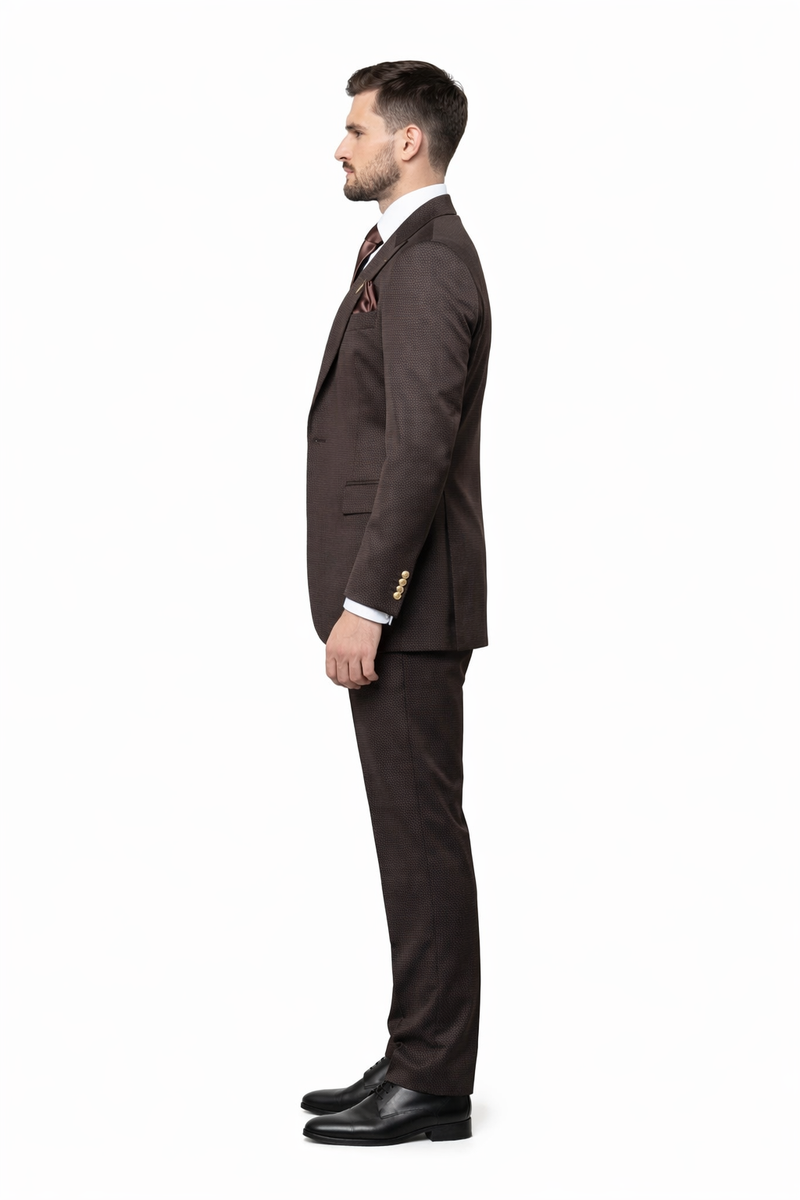 Mens Chocolate Brown Textured 3-Piece Suit Luxury Double-Breasted Vest Formal Set