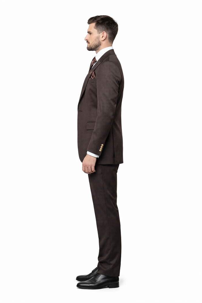 Mens Chocolate Brown Textured 3-Piece Suit Luxury Double-Breasted Vest Formal Set