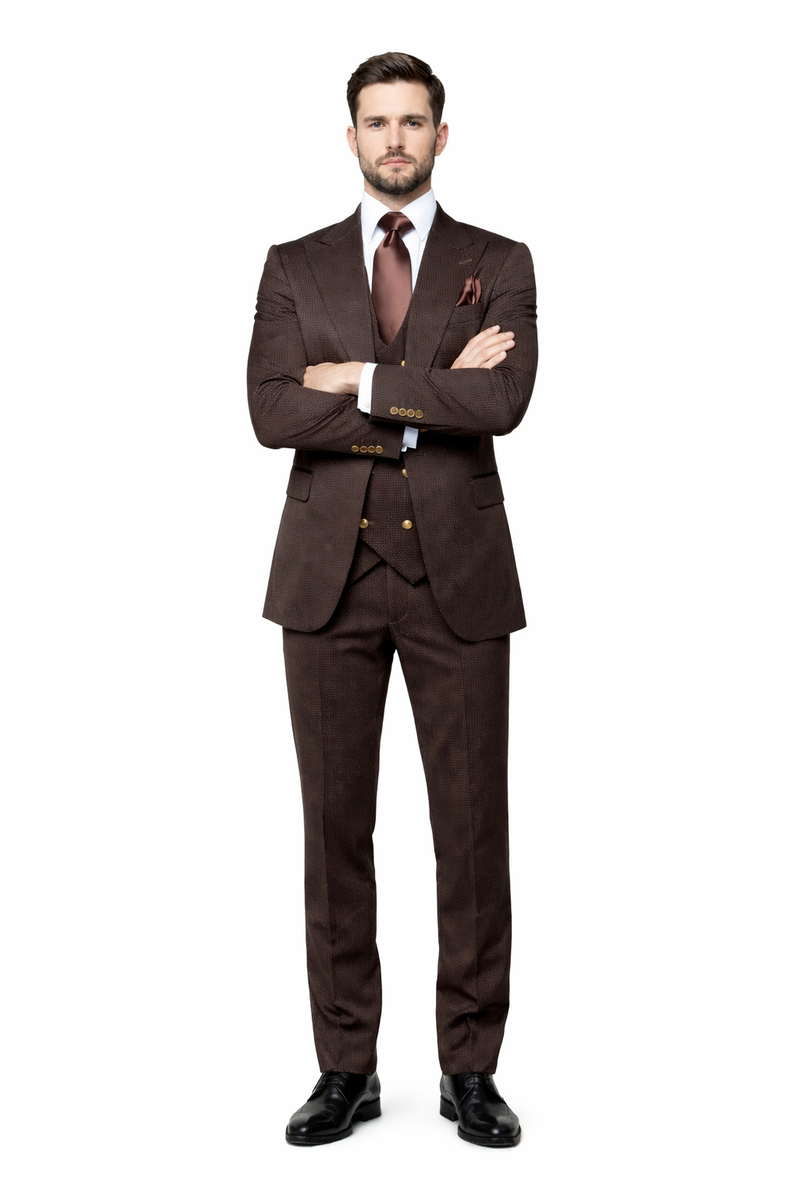 Mens Chocolate Brown Textured 3-Piece Suit Luxury Double-Breasted Vest Formal Set