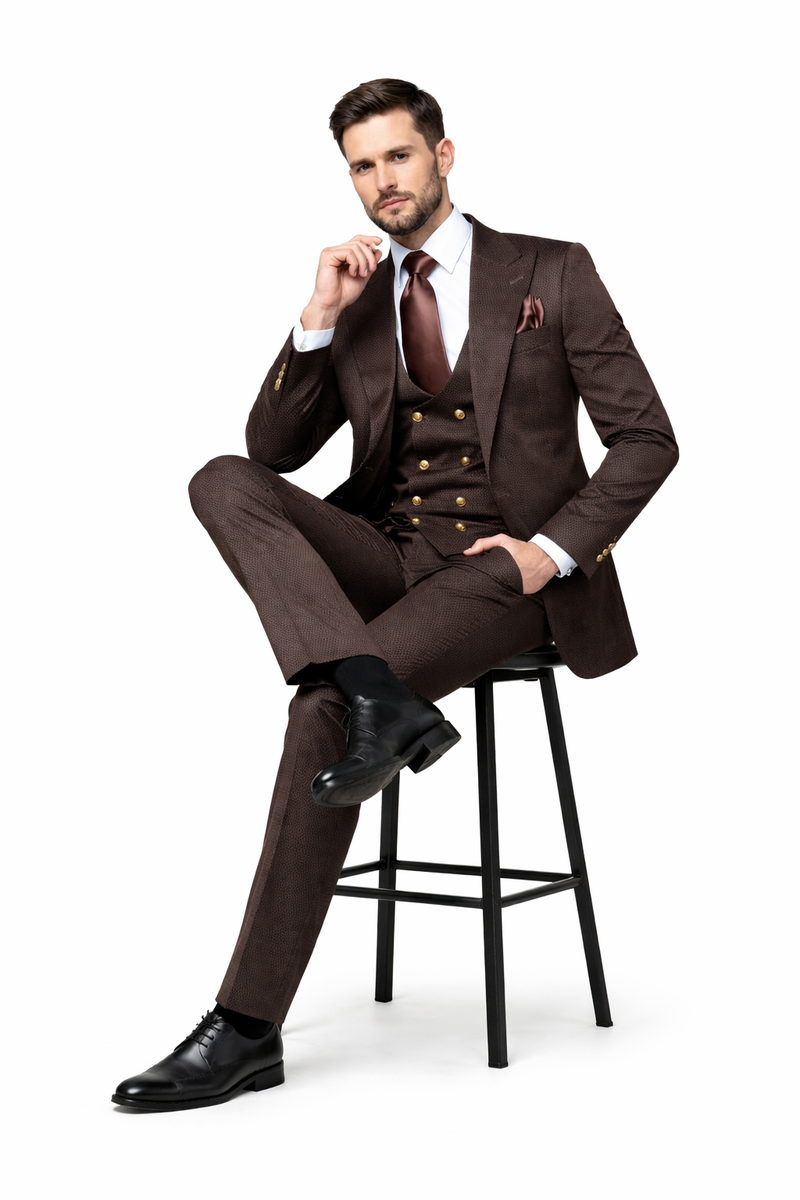 Mens Chocolate Brown Textured 3-Piece Suit Luxury Double-Breasted Vest Formal Set