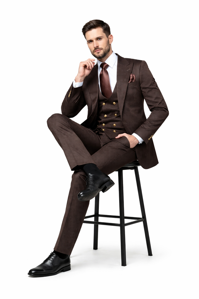 Mens Chocolate Brown Textured 3-Piece Suit Luxury Double-Breasted Vest Formal Set