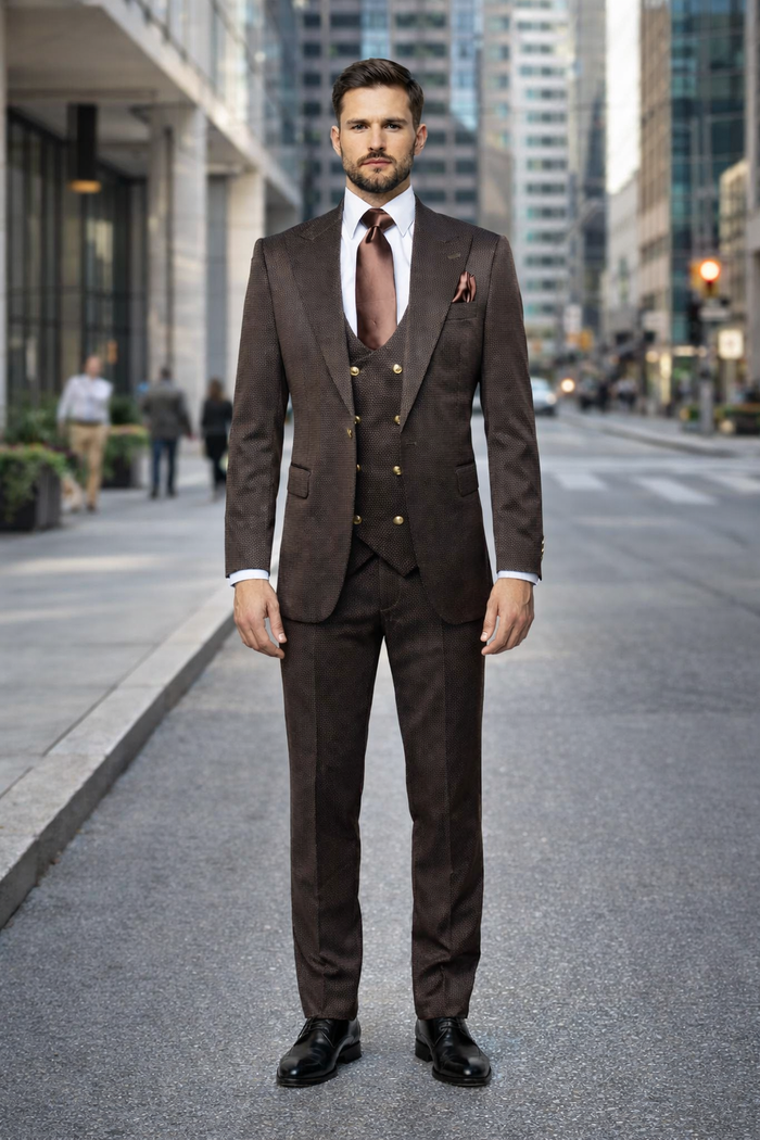 Mens Chocolate Brown Textured 3-Piece Suit Luxury Double-Breasted Vest Formal Set