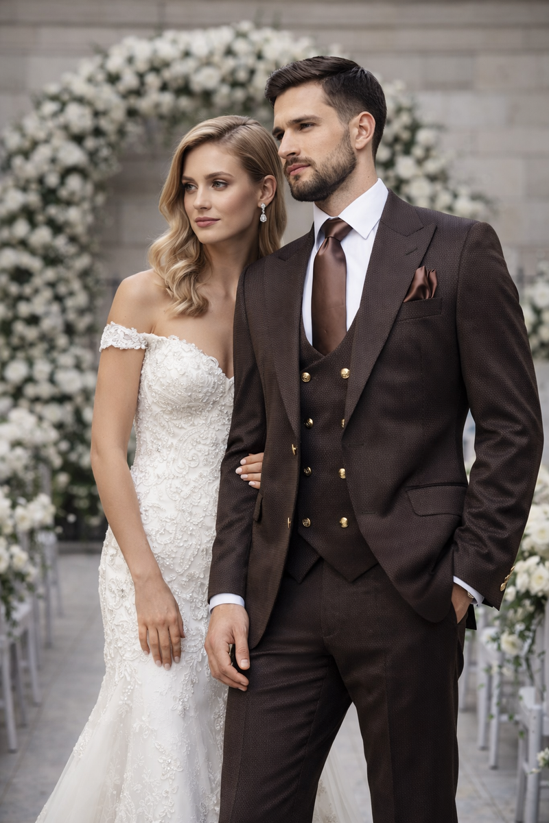 Mens Chocolate Brown Textured 3-Piece Suit Luxury Double-Breasted Vest Formal Set