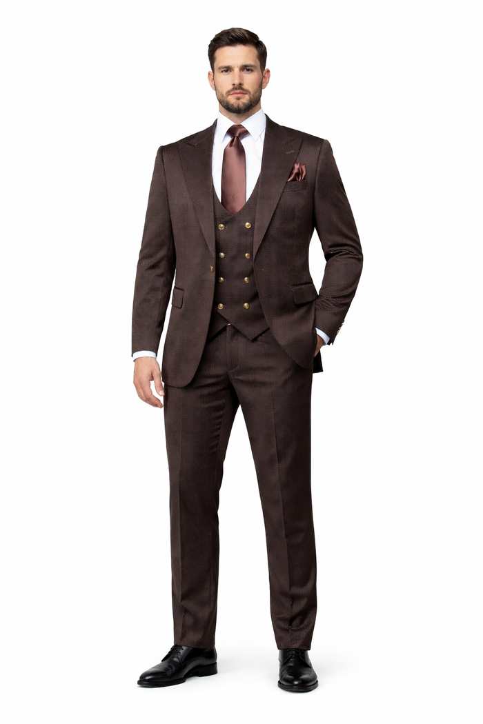 Mens Chocolate Brown Textured 3-Piece Suit Luxury Double-Breasted Vest Formal Set