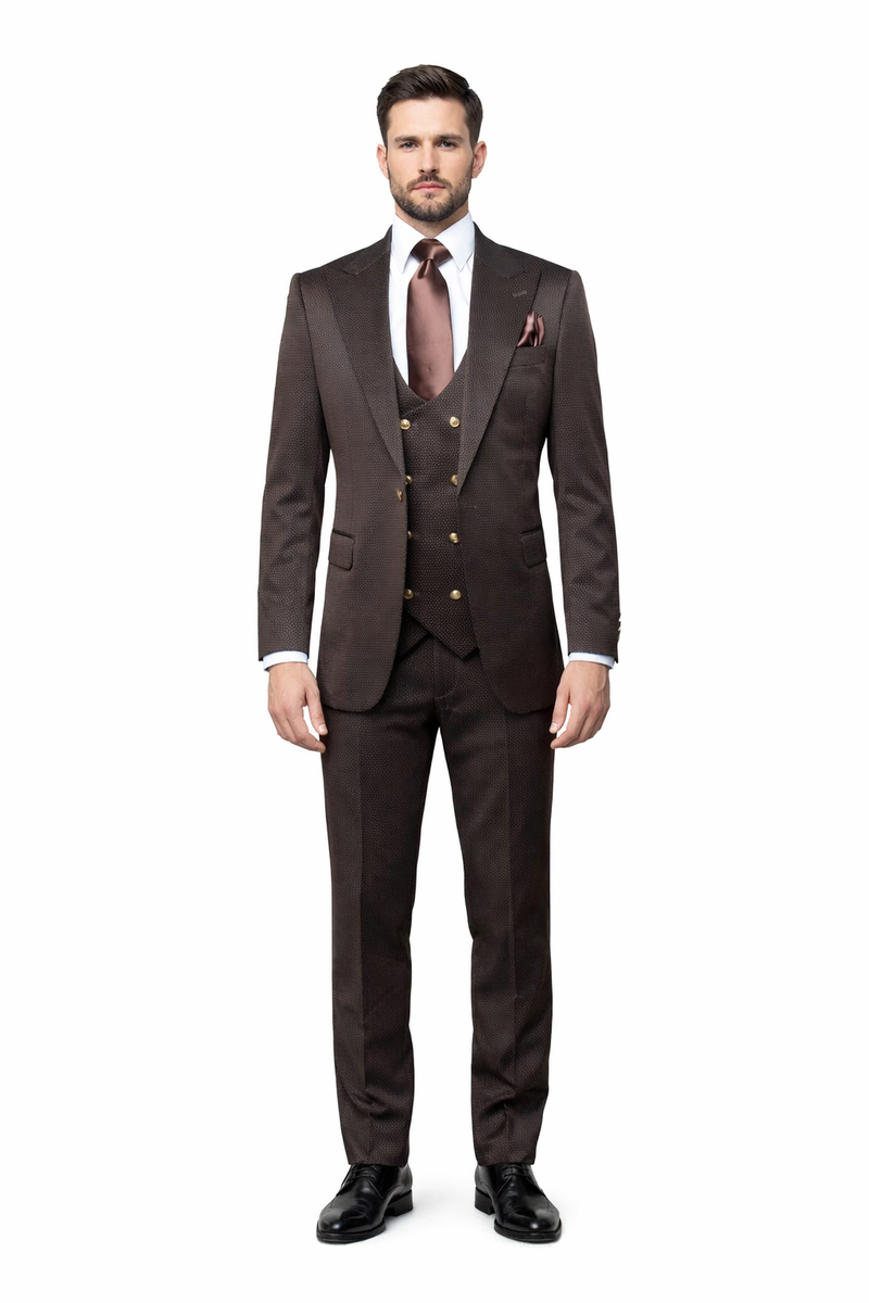 Mens Chocolate Brown Textured 3-Piece Suit Luxury Double-Breasted Vest Formal Set
