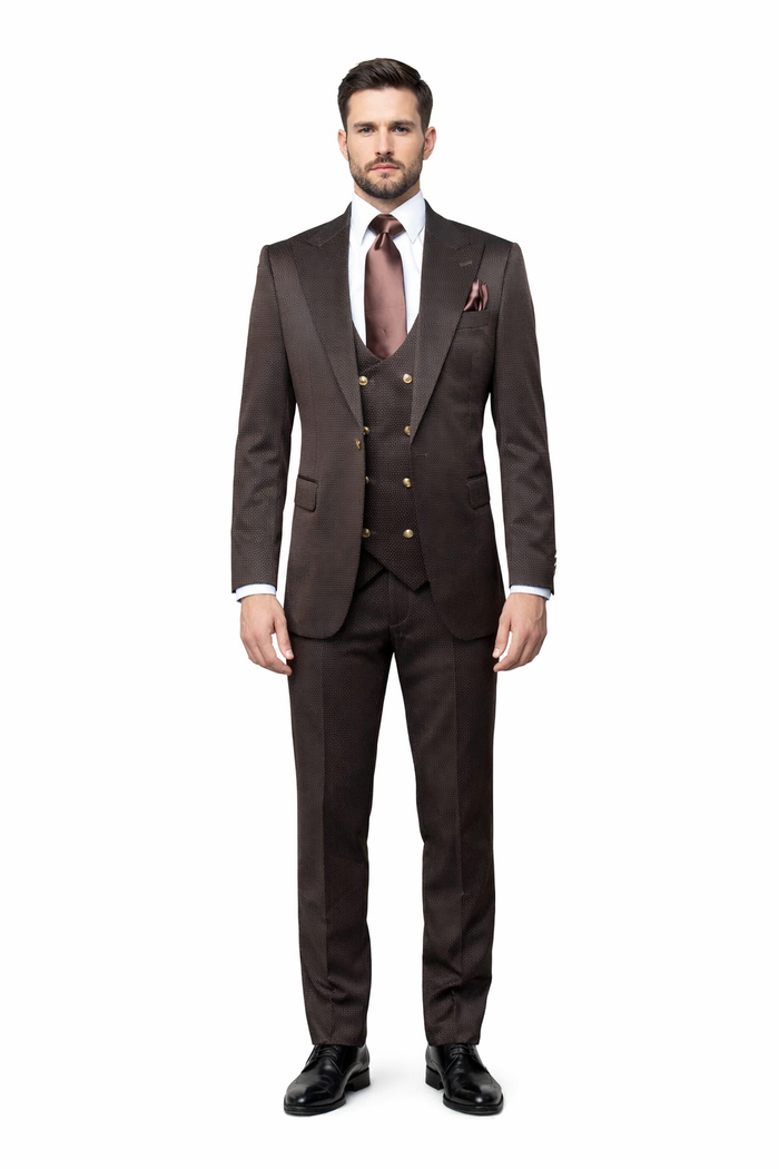 Mens Chocolate Brown Textured 3-Piece Suit Luxury Double-Breasted Vest Formal Set
