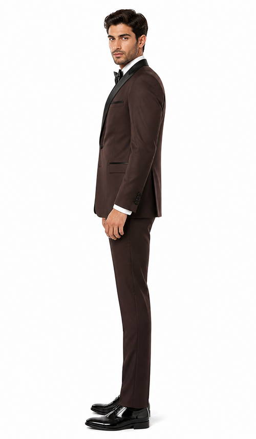 Mens Chocolate Brown Tuxedo with Black Satin Peak Lapel â€“ Formal Wedding and Prom Suit