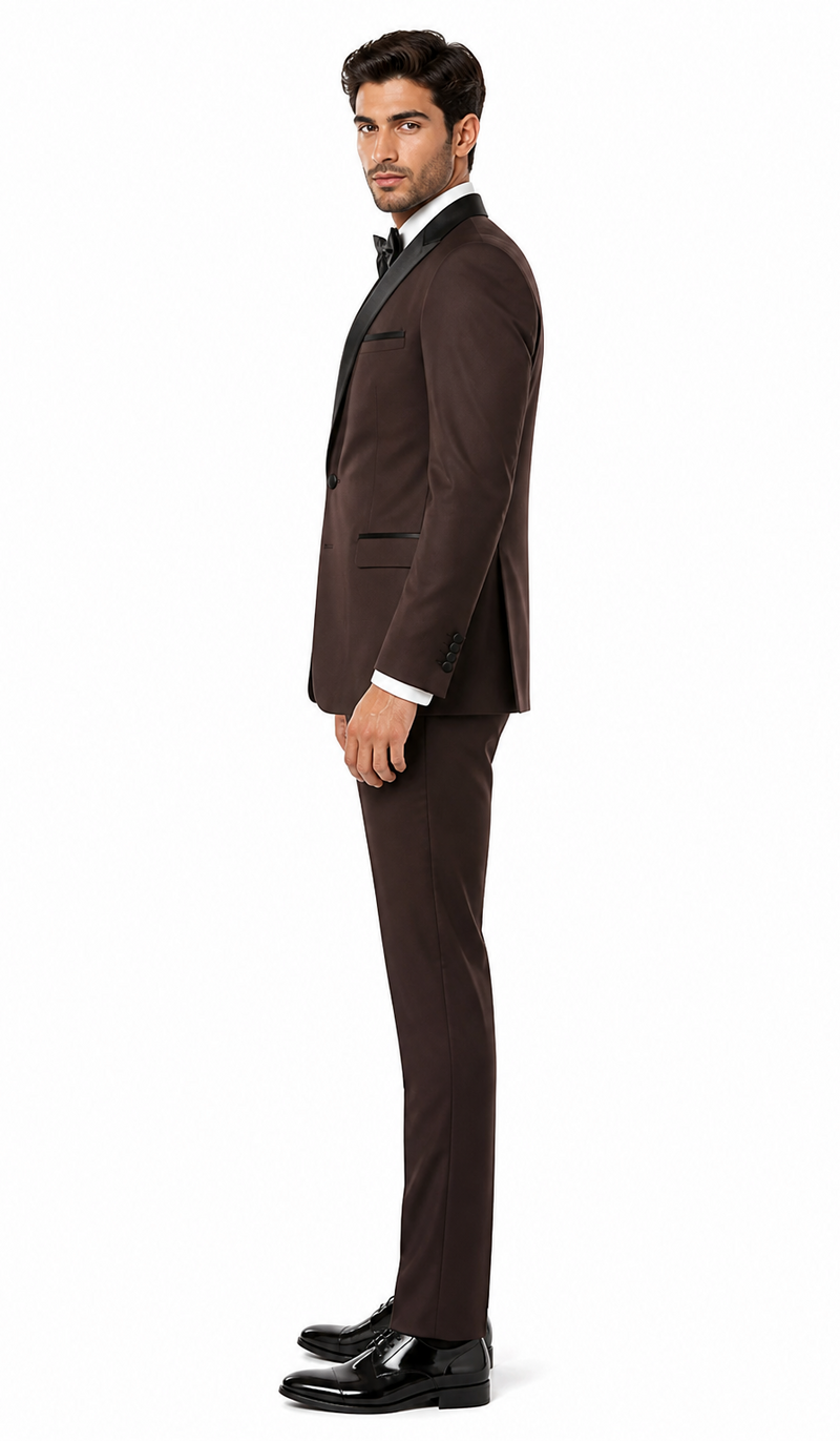 Mens Chocolate Brown Tuxedo with Black Satin Peak Lapel â€“ Formal Wedding and Prom Suit