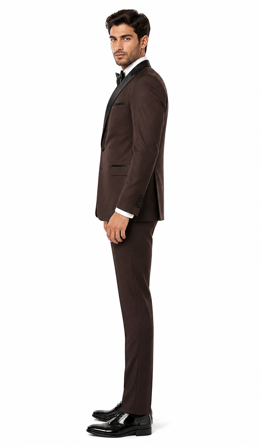 Mens Chocolate Brown Tuxedo with Black Satin Peak Lapel â€“ Formal Wedding and Prom Suit