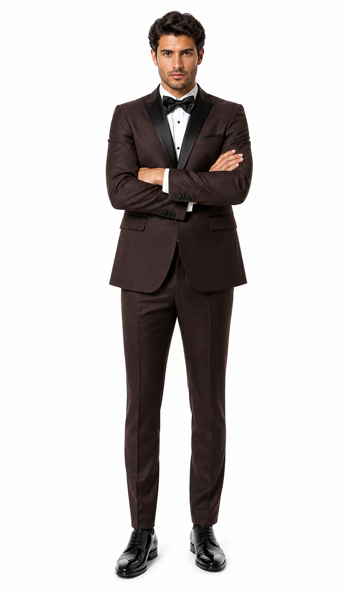 Mens Chocolate Brown Tuxedo with Black Satin Peak Lapel â€“ Formal Wedding and Prom Suit