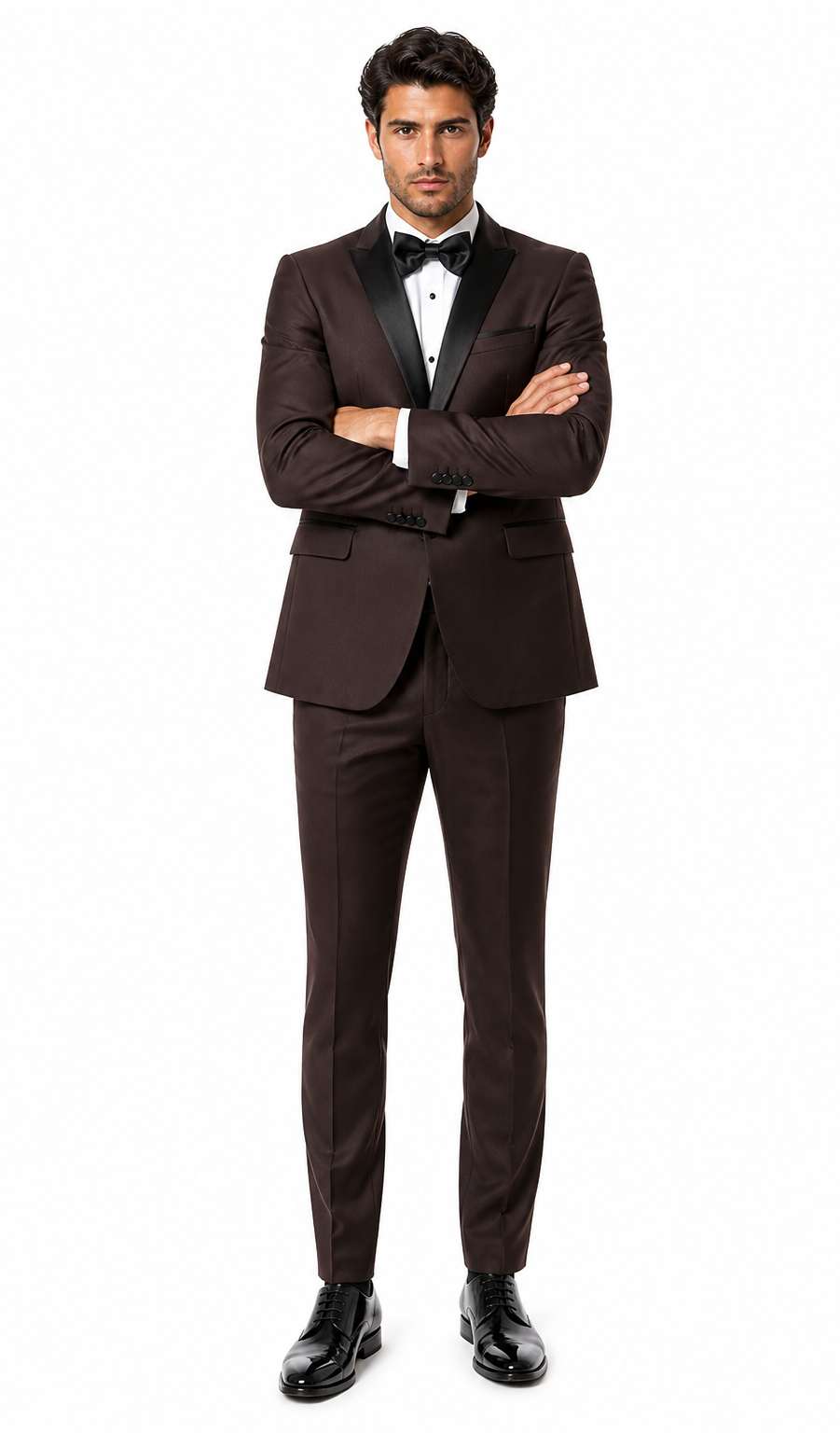 Mens Chocolate Brown Tuxedo with Black Satin Peak Lapel â€“ Formal Wedding and Prom Suit