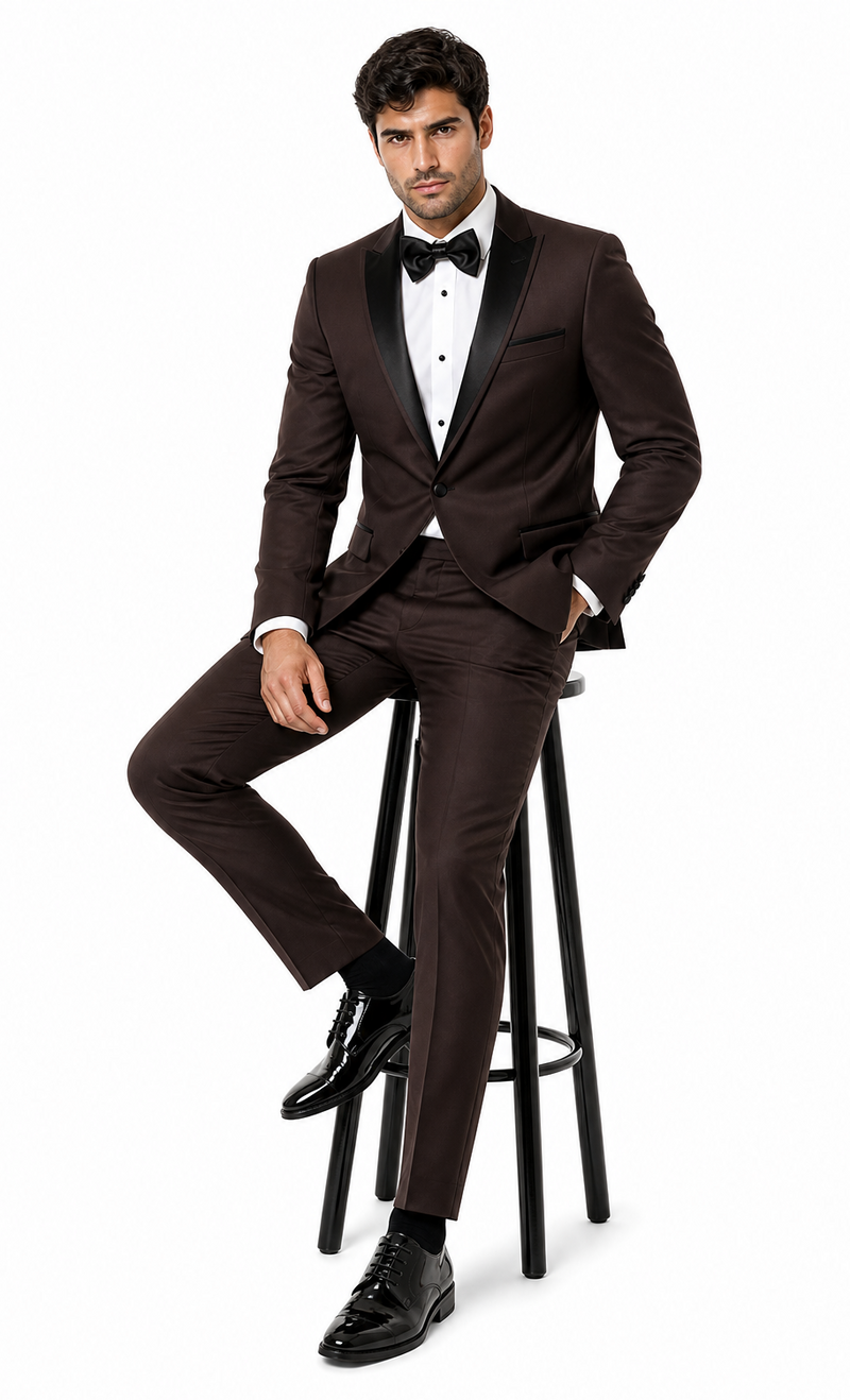 Mens Chocolate Brown Tuxedo with Black Satin Peak Lapel â€“ Formal Wedding and Prom Suit