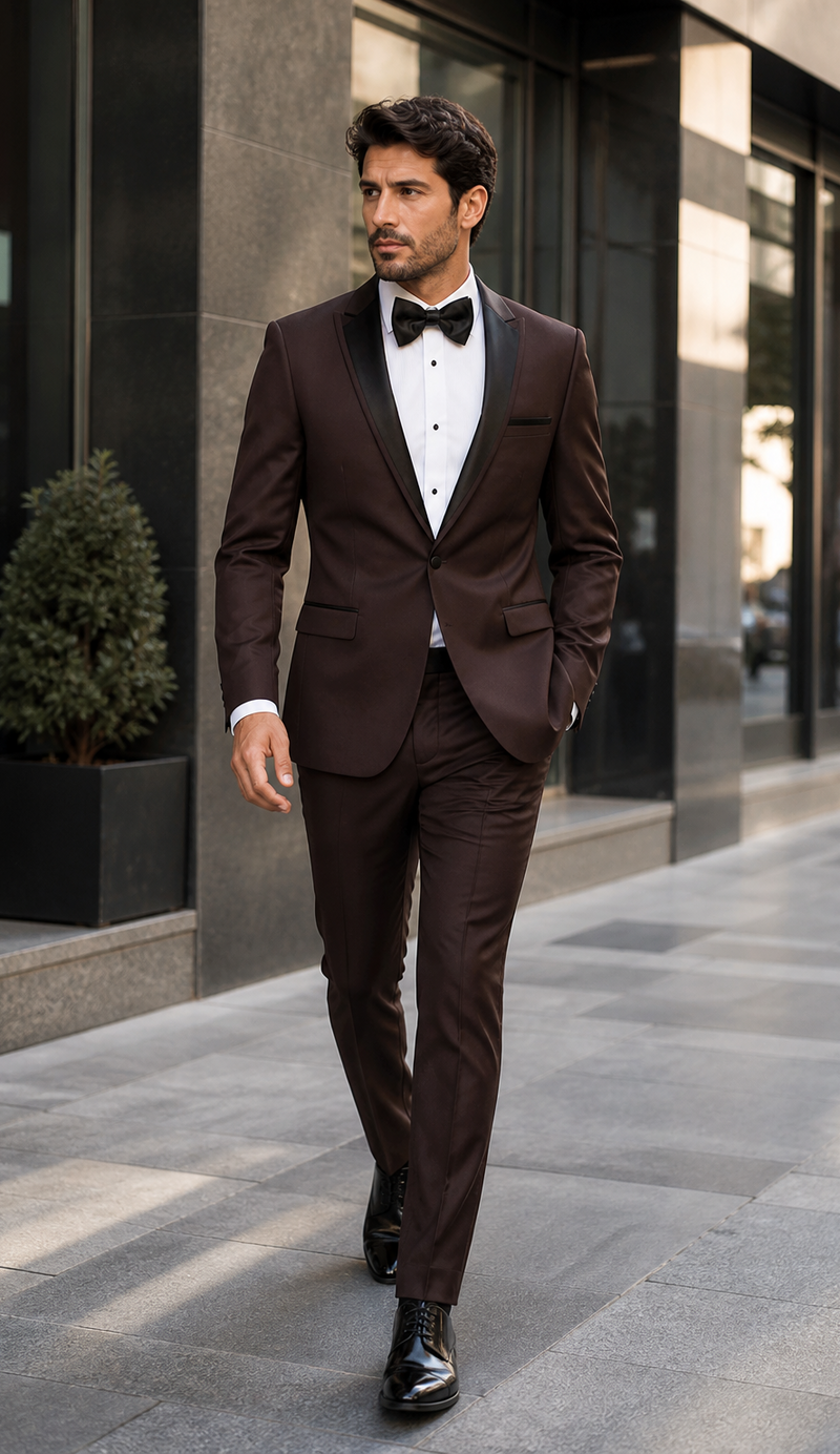 Mens Chocolate Brown Tuxedo with Black Satin Peak Lapel â€“ Formal Wedding and Prom Suit