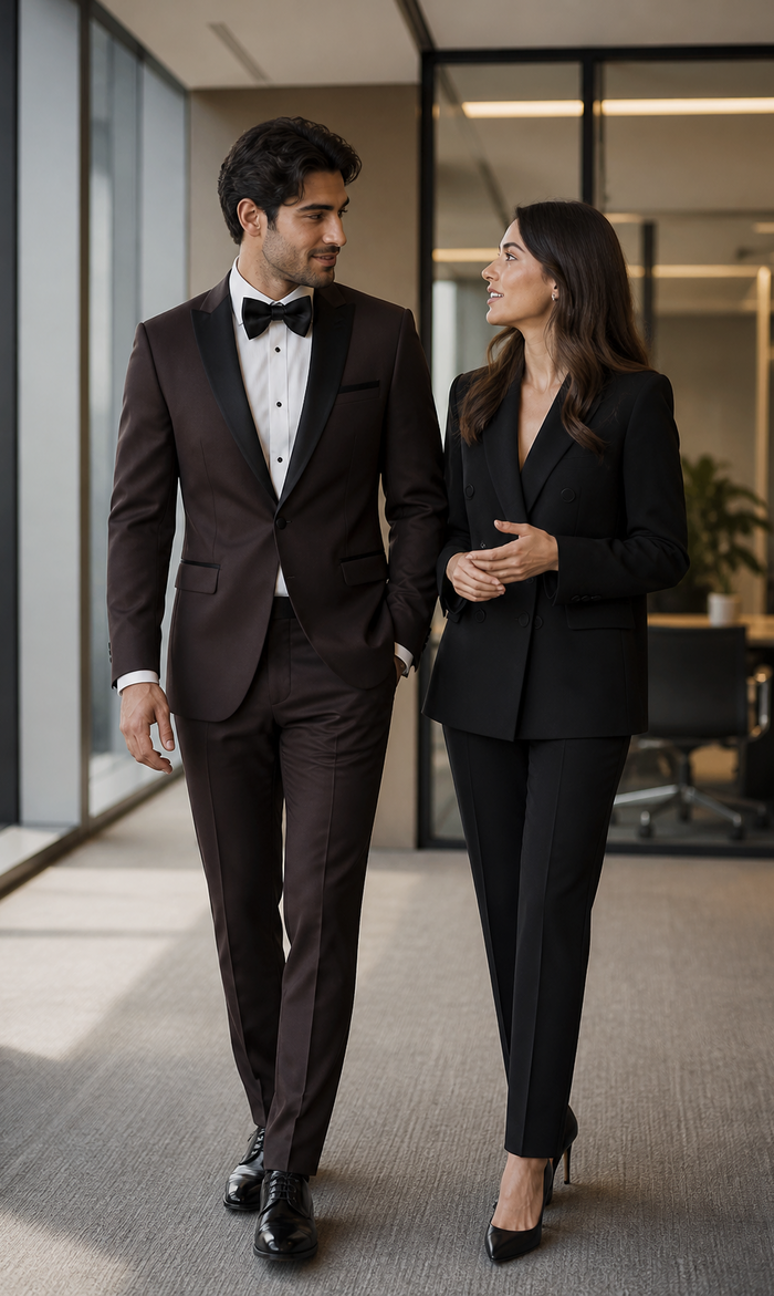 Mens Chocolate Brown Tuxedo with Black Satin Peak Lapel â€“ Formal Wedding and Prom Suit