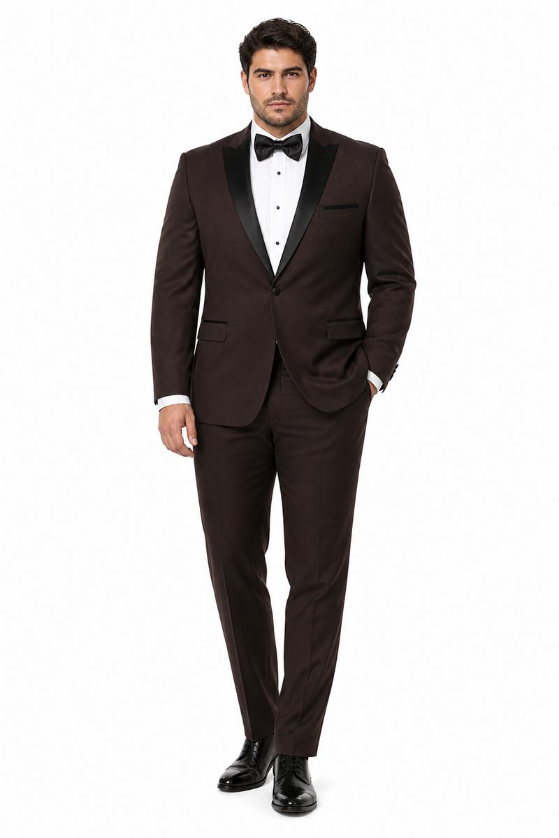 Mens Chocolate Brown Tuxedo with Black Satin Peak Lapel â€“ Formal Wedding and Prom Suit