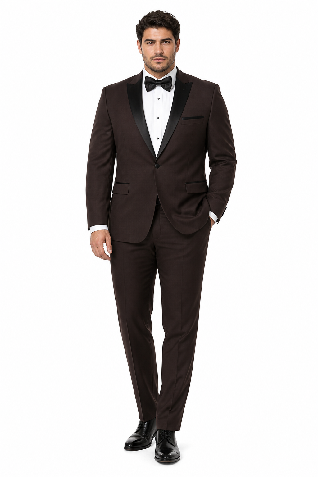 Mens Chocolate Brown Tuxedo with Black Satin Peak Lapel â€“ Formal Wedding and Prom Suit