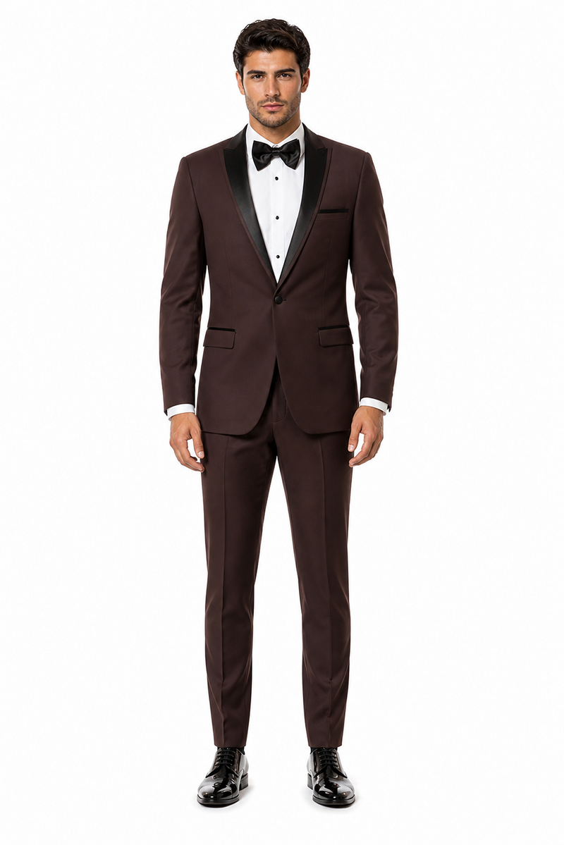 Mens Chocolate Brown Tuxedo with Black Satin Peak Lapel â€“ Formal Wedding and Prom Suit
