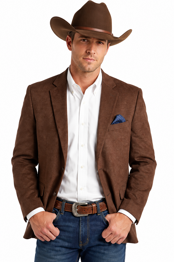 Mens Chocolate Brown Western Blazer – Cowboy Style Sport Coat Jacket Suede Fabric Two Buttons