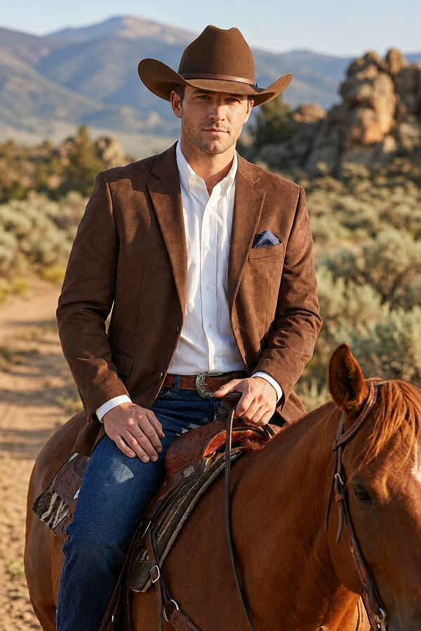Mens Chocolate Brown Western Blazer – Cowboy Style Sport Coat Jacket Suede Fabric Two Buttons