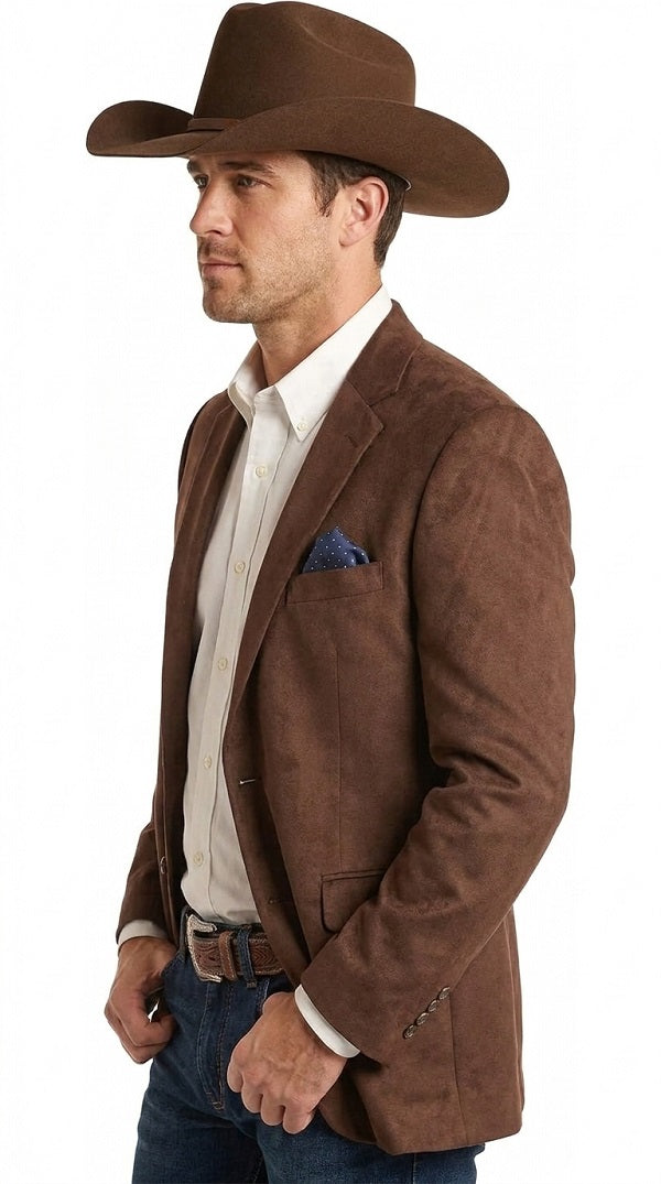 Mens Chocolate Brown Western Blazer – Cowboy Style Sport Coat Jacket Suede Fabric Two Buttons